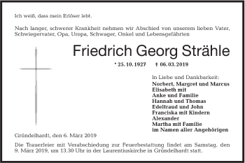 Traueranzeige von Friedrich Georg Strähle von Hohenloher Tagblatt