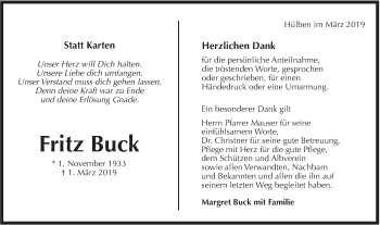 Traueranzeige von Fritz Buck von Metzinger-Uracher Volksblatt