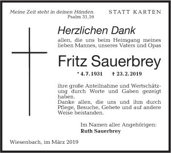 Traueranzeige von Fritz Sauerbrey von Hohenloher Tagblatt