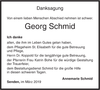 Traueranzeige von Georg Schmid von SÜDWEST PRESSE Ausgabe Ulm/Neu-Ulm