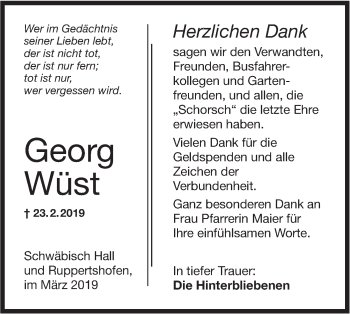 Traueranzeige von Georg Wüst von Hohenloher Tagblatt