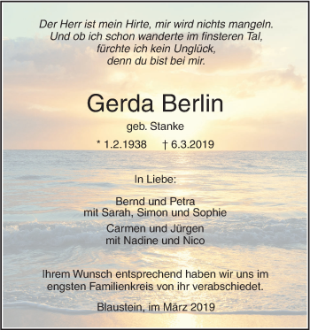 Traueranzeige von Gerda Berlin von SÜDWEST PRESSE Ausgabe Ulm/Neu-Ulm