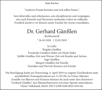 Traueranzeige von Gerhard Gänßlen von SÜDWEST PRESSE Ausgabe Ulm/Neu-Ulm