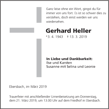 Traueranzeige von Gerhard Heller von NWZ Neue Württembergische Zeitung