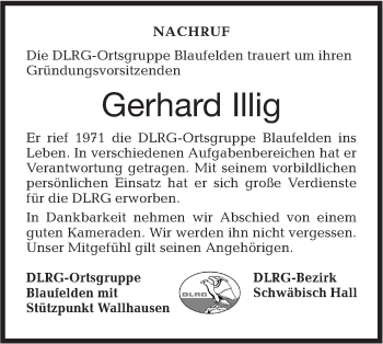 Traueranzeige von Gerhard Illig von Hohenloher Tagblatt