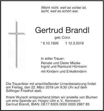 Traueranzeige von Gertrud Brandl von SÜDWEST PRESSE Ausgabe Ulm/Neu-Ulm