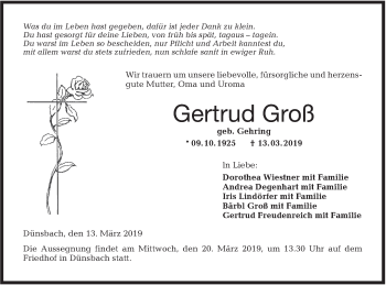 Traueranzeige von Gertrud Groß von Hohenloher Tagblatt