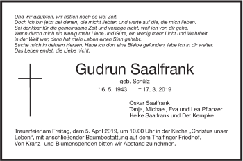 Traueranzeige von Gudrun Saalfrank von SÜDWEST PRESSE Ausgabe Ulm/Neu-Ulm