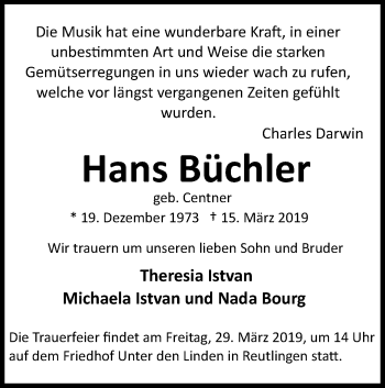 Traueranzeige von Hans Büchler von Metzinger-Uracher Volksblatt