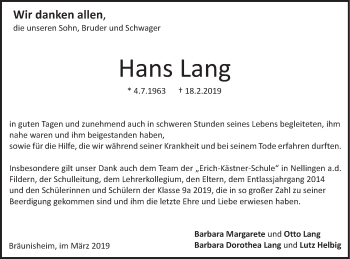 Traueranzeige von Hans Lang von Geislinger Zeitung