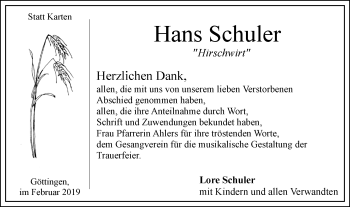 Traueranzeige von Hans Schuler von SÜDWEST PRESSE Ausgabe Ulm/Neu-Ulm