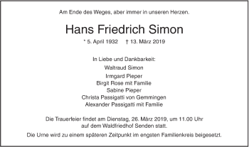 Traueranzeige von Hans Friedrich Simon von SÜDWEST PRESSE Ausgabe Ulm/Neu-Ulm