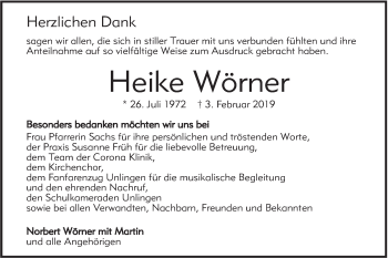 Traueranzeige von Heike Wörner von Alb-Bote/Metzinger-Uracher Volksblatt