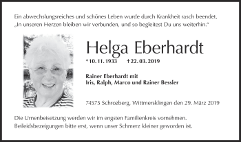 Traueranzeige von Helga Eberhardt von Hohenloher Tagblatt