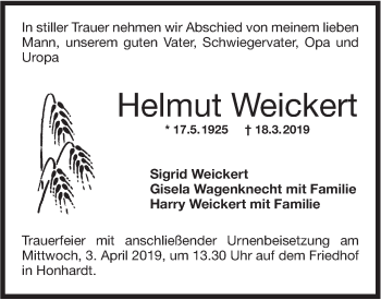 Traueranzeige von Helmut Weickert von Hohenloher Tagblatt