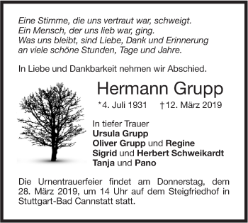 Traueranzeige von Hermann Grupp von NWZ Neue Württembergische Zeitung