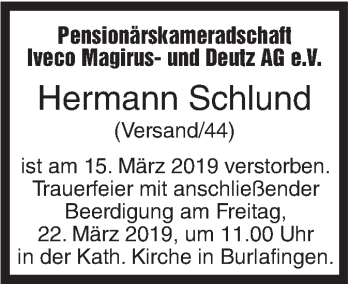 Traueranzeige von Hermann Schlund von SÜDWEST PRESSE Ausgabe Ulm/Neu-Ulm