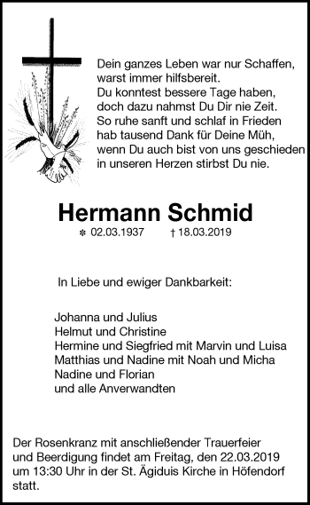 Traueranzeige von Hermann Schmid von Hohenzollerische Zeitung