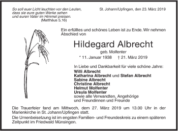 Traueranzeige von Hildegard Albrecht von Metzinger-Uracher Volksblatt