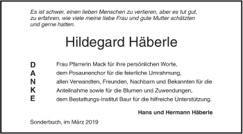 Traueranzeige von Hildegard Häberle von SÜDWEST PRESSE Ausgabe Ulm/Neu-Ulm