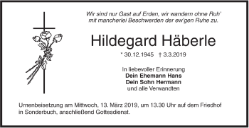 Traueranzeige von Hildegard Häberle von SÜDWEST PRESSE Ausgabe Ulm/Neu-Ulm