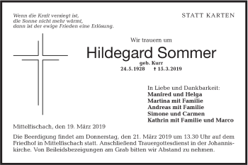 Traueranzeige von Hildegard Sommer von Haller Tagblatt