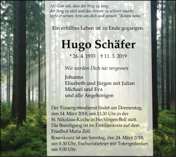 Traueranzeige von Hugo Schäfer von Hohenzollerische Zeitung