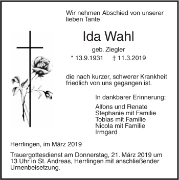 Traueranzeige von Ida Wahl von SÜDWEST PRESSE Ausgabe Ulm/Neu-Ulm