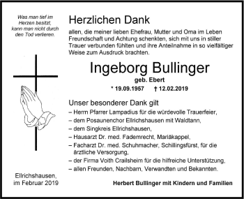 Traueranzeige von Ingeborg Bullinger von Hohenloher Tagblatt