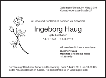 Traueranzeige von Ingeborg Haug von Geislinger Zeitung