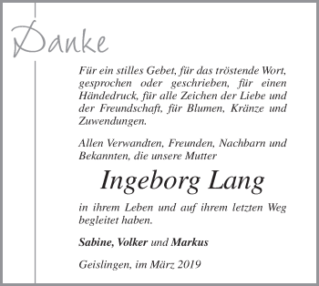 Traueranzeige von Ingeborg Lang von Geislinger Zeitung