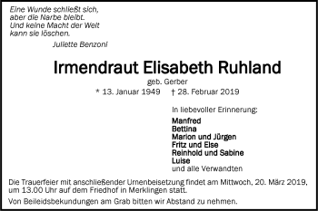 Traueranzeige von Irmendraut Elisabeth Ruhland von SÜDWEST PRESSE Ausgabe Ulm/Neu-Ulm