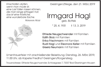 Traueranzeige von Irmgard Hagl von Geislinger Zeitung