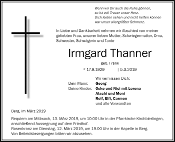 Traueranzeige von Irmgard Thanner von Ehinger Tagblatt