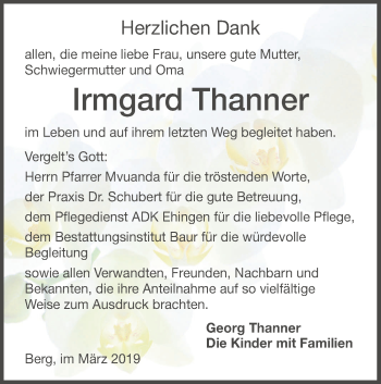 Traueranzeige von Irmgard Thanner von Ehinger Tagblatt