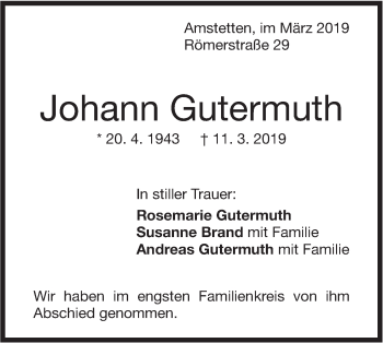 Traueranzeige von Johann Gutermuth von Geislinger Zeitung