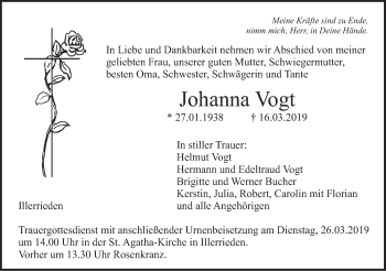 Traueranzeige von Johanna Vogt von Illertal Bote