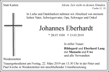 Traueranzeige von Johannes Eberhardt von SÜDWEST PRESSE Ausgabe Ulm/Neu-Ulm