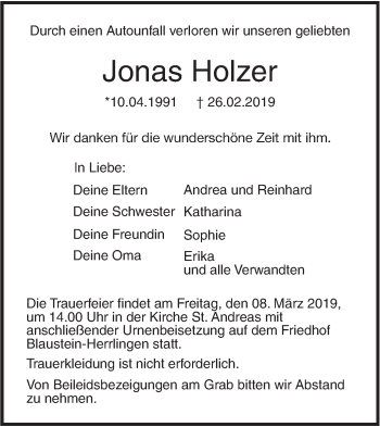 Traueranzeige von Jonas Holzer von SÜDWEST PRESSE Ausgabe Ulm/Neu-Ulm