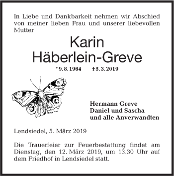 Traueranzeige von Karin Häberlein-Greve von Hohenloher Tagblatt