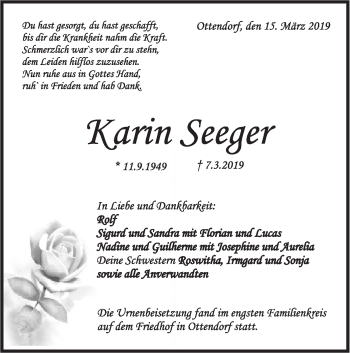 Traueranzeige von Karin Seeger von Rundschau Gaildorf