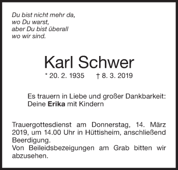 Traueranzeige von Karl Schwer von SÜDWEST PRESSE Ausgabe Ulm/Neu-Ulm