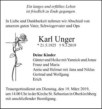 Traueranzeige von Karl Unger von SÜDWEST PRESSE Ausgabe Ulm/Neu-Ulm