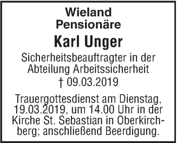 Traueranzeige von Karl Unger von SÜDWEST PRESSE Ausgabe Ulm/Neu-Ulm