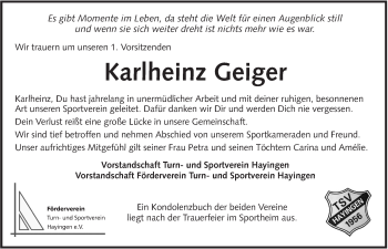 Traueranzeige von Karlheinz Geiger von Alb-Bote/Metzinger-Uracher Volksblatt