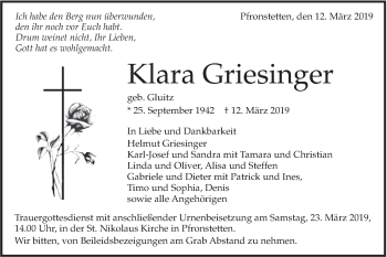 Traueranzeige von Klara Griesinger von Alb-Bote/Metzinger-Uracher Volksblatt