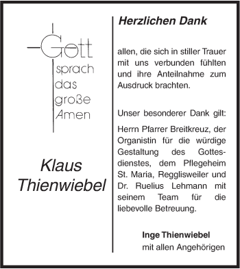 Traueranzeige von Klaus Thienwiebel von SÜDWEST PRESSE Ausgabe Ulm/Neu-Ulm