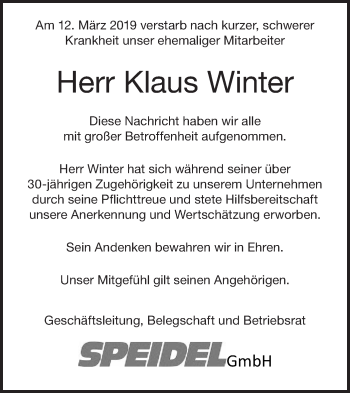 Traueranzeige von Klaus Winter von NWZ Neue Württembergische Zeitung/Geislinger Zeitung