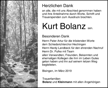 Traueranzeige von Kurt Bolanz sen von Hohenzollerische Zeitung