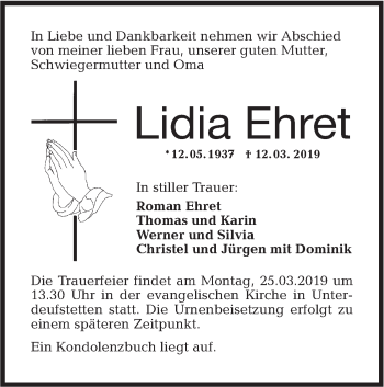 Traueranzeige von Lidia Ehret von Hohenloher Tagblatt